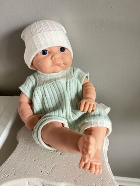 Baby Doll in Mint Knit Outfit and White Hat